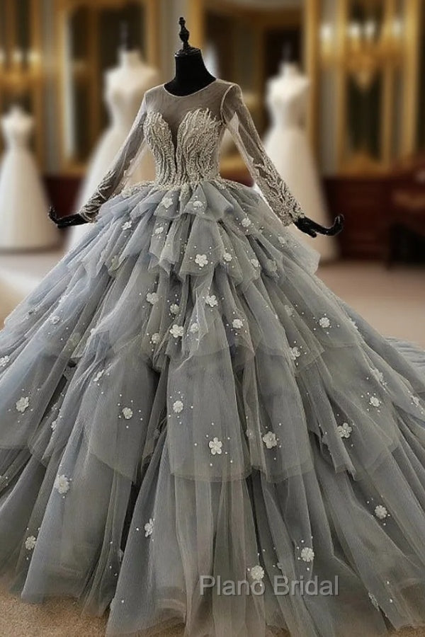 Gray Ball Gown Tulle Tiers Long Sleeve Appliques Beading Wedding Dresses Main image
