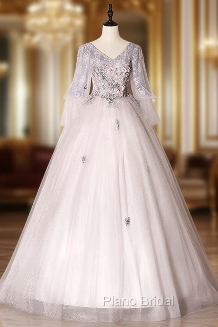 Gray Ball Gown Tulle V-neck Long Sleeve Quinceanera Dresses Main image