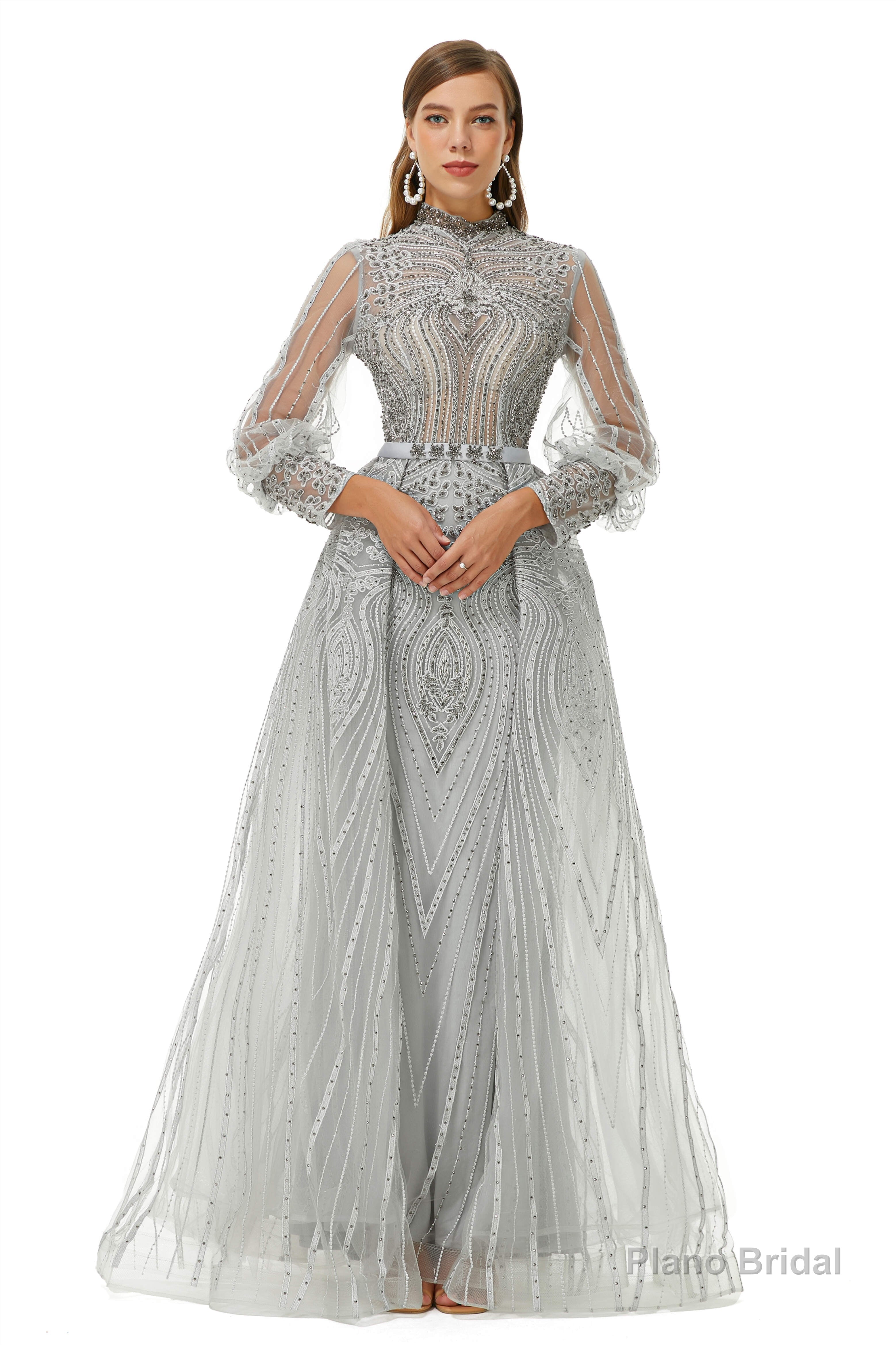 Gray Beaded Mermaid Long sleeves Prom Dresses