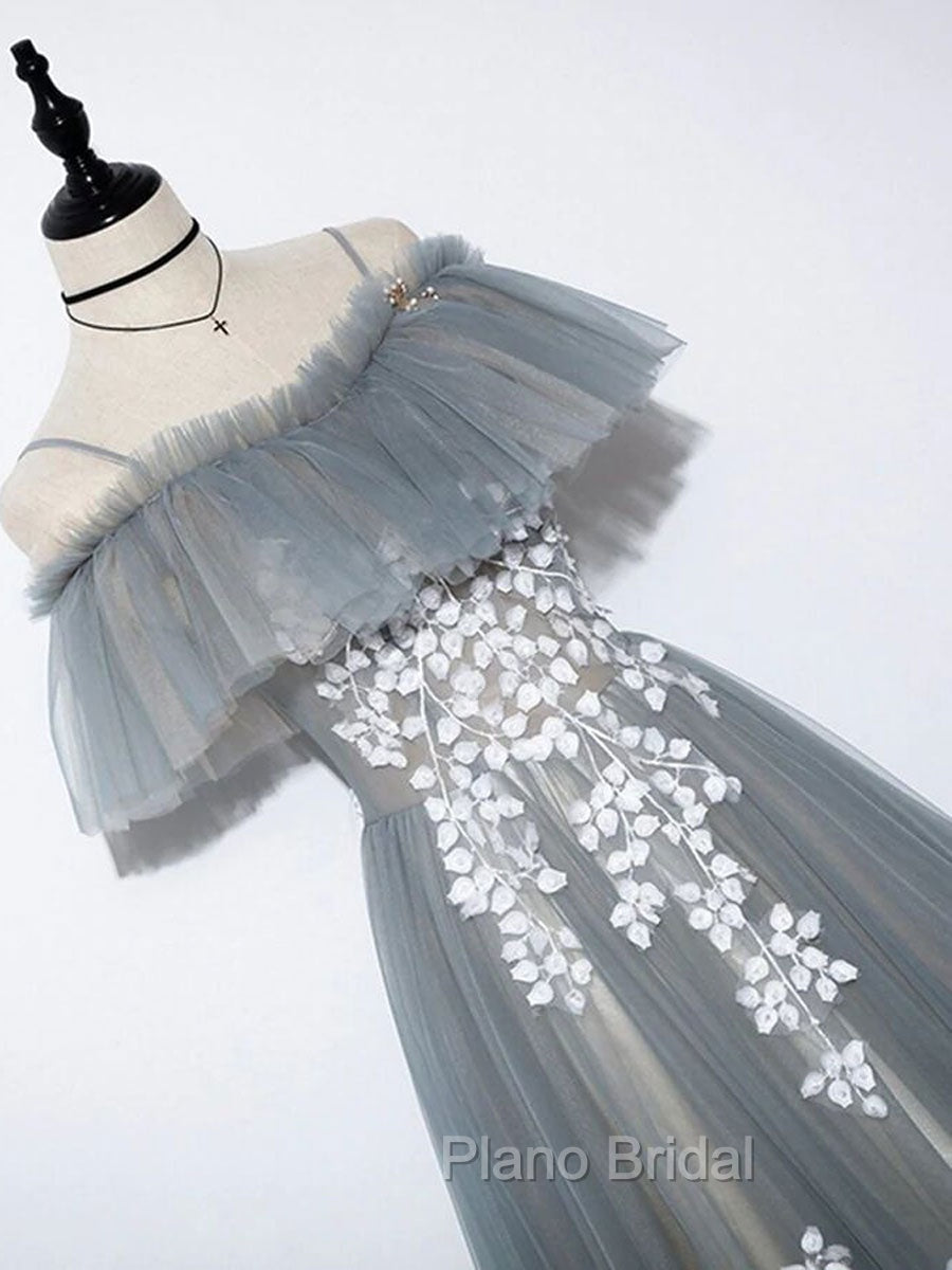 Gray Blue A line Tulle Lace Long Formal Prom Dresses, Gray Blue Graduation Dresses