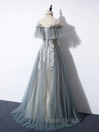 Gray Blue A line Tulle Lace Long Formal Prom Dresses, Gray Blue Graduation Dresses