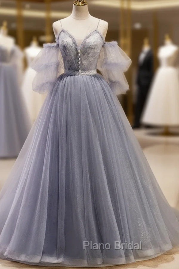 Gray Blue A-Line Tulle Lace Long Formal Prom Dresses, Gray Blue Formal Graduation Dresses Main image