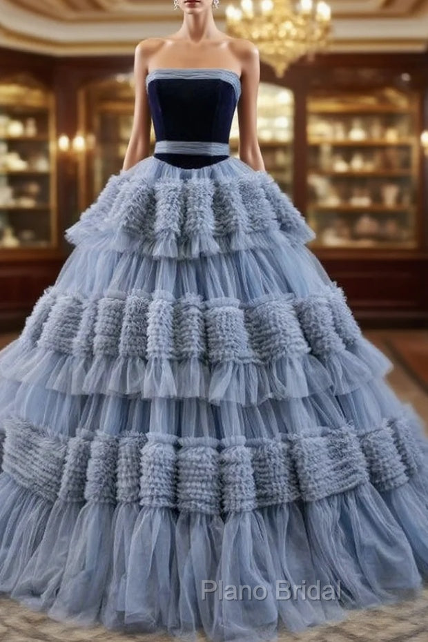 Gray Blue Ball Gown Tulle Strapless Tiers Pleats Formal Prom Dresses Main image