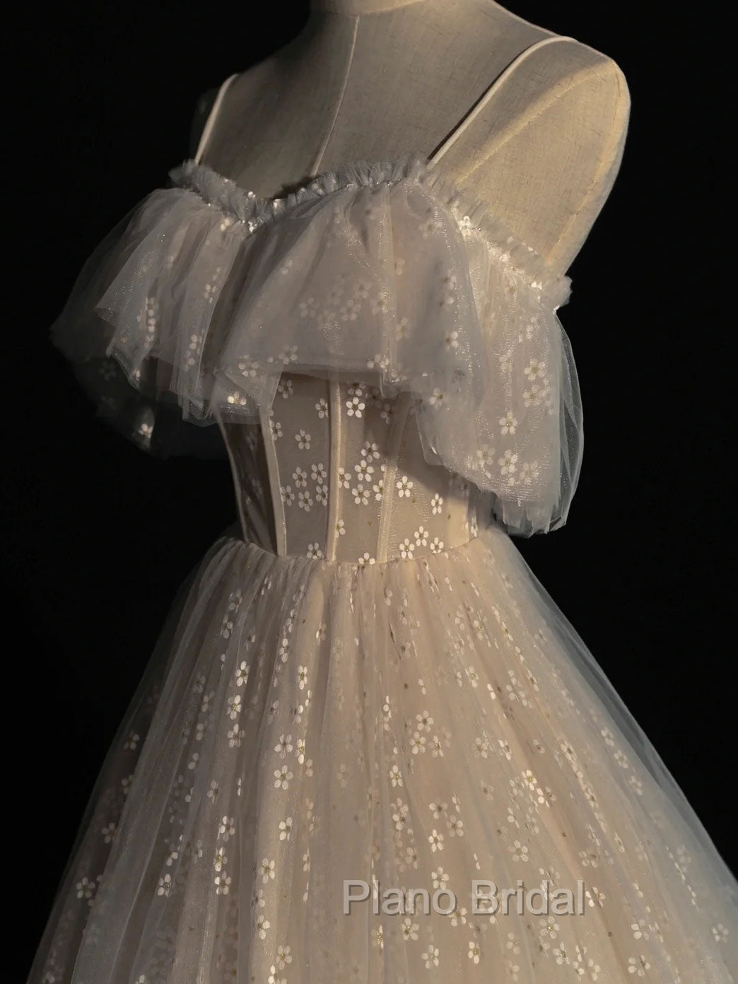 Gray blue/champagne Tulle Long Formal Prom Dresses, Tulle Formal Graduation Dresses