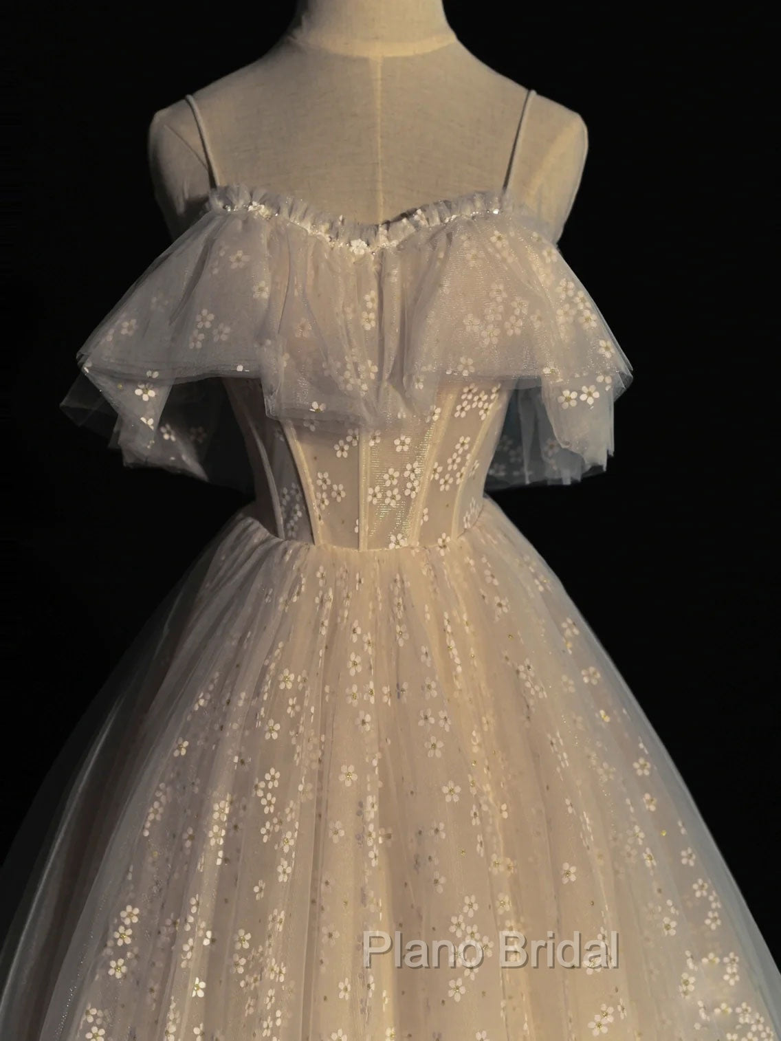 Gray blue/champagne Tulle Long Formal Prom Dresses, Tulle Formal Graduation Dresses