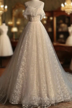 Gray blue/champagne Tulle Long Formal Prom Dresses, Tulle Formal Graduation Dresses