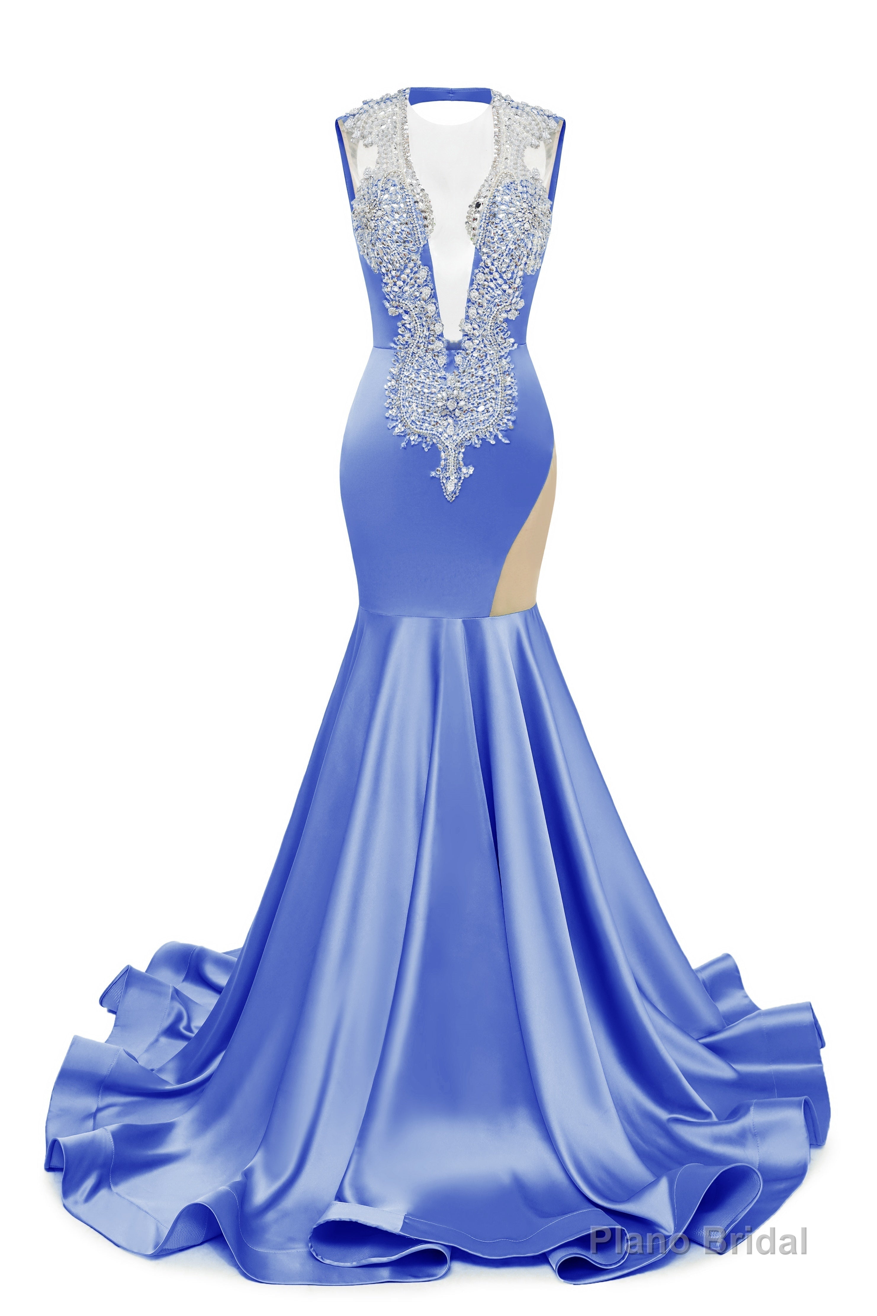 Gray Blue Deep V Neck Mermaid Satin Prom Dresses Sparkly Beaded Pageant Crystals Evening Formal Dresses Secondary image