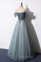 Gray Blue Spaghetti Strap Tulle Floor Length Formal Prom Dresses, Off Shoulder Evening Party Dresses