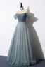 Gray Blue Spaghetti Strap Tulle Floor Length Formal Prom Dresses, Off Shoulder Evening Party Dresses