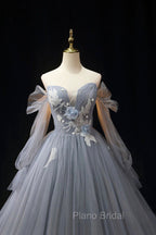 Gray Blue Tulle Floor Length Formal Prom Dresses, Elegant Long Sleeve Formal Evening Dresses