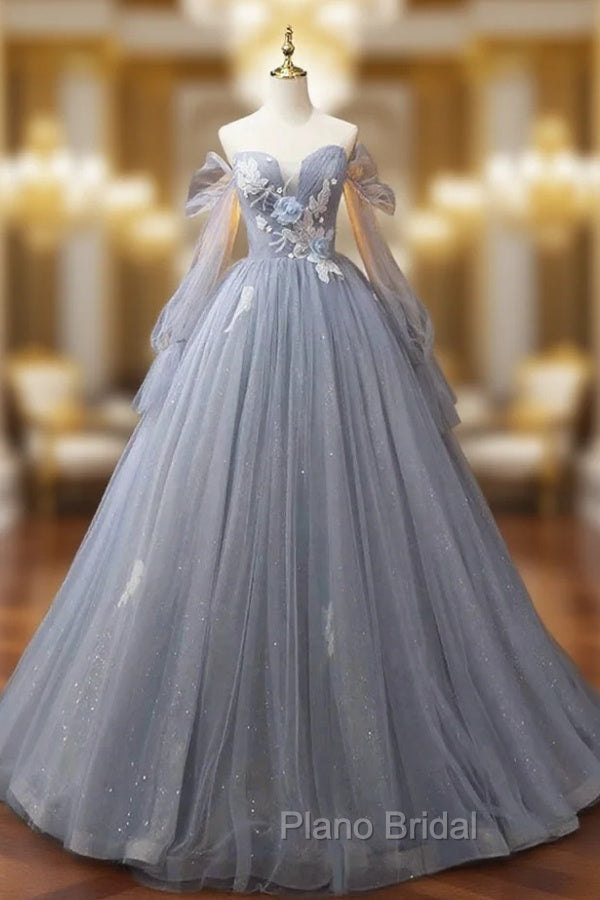 Gray Blue Tulle Floor Length Formal Prom Dresses, Elegant Long Sleeve Formal Evening Dresses Main image