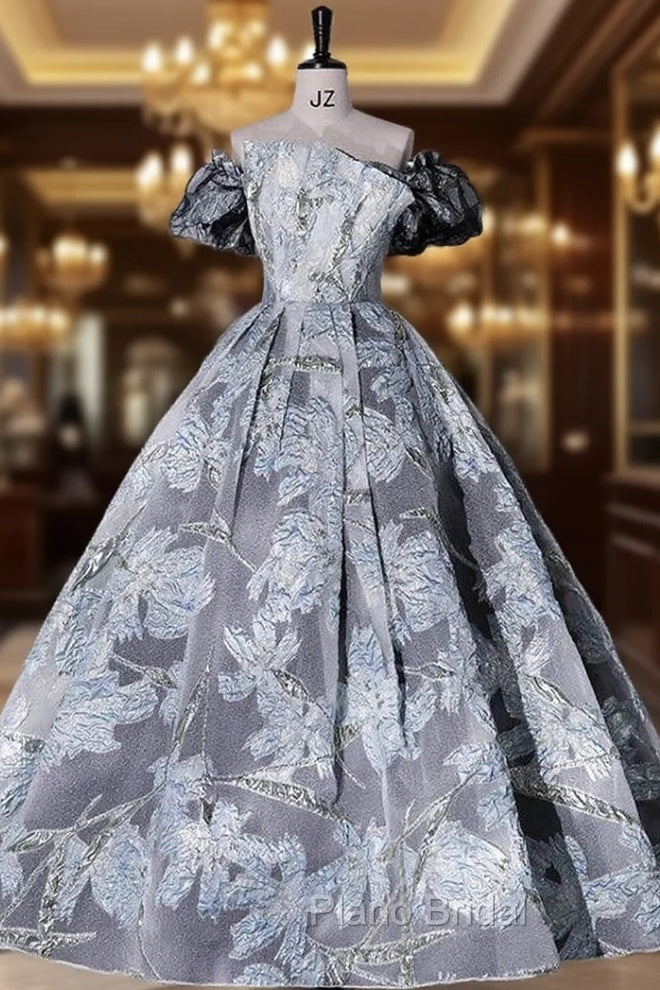 Gray Blue Tulle Flower Off Shoulder Quinceanera Dresses