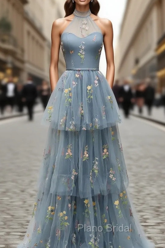 Gray Blue Tulle Halter Formal Prom Dresses