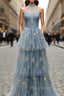 Gray Blue Tulle Halter Formal Prom Dresses