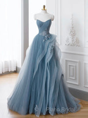 Gray Blue Tulle Lace Long Formal Prom Dresses, Gray Blue Formal Dresses