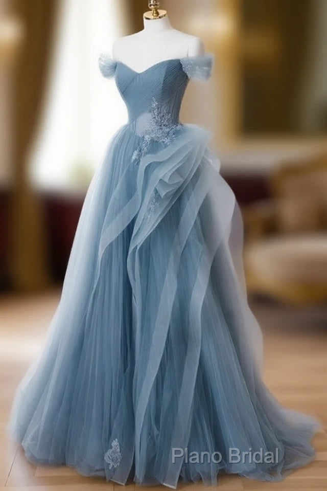 Gray Blue Tulle Lace Long Formal Prom Dresses, Gray Blue Formal Dresses Main image