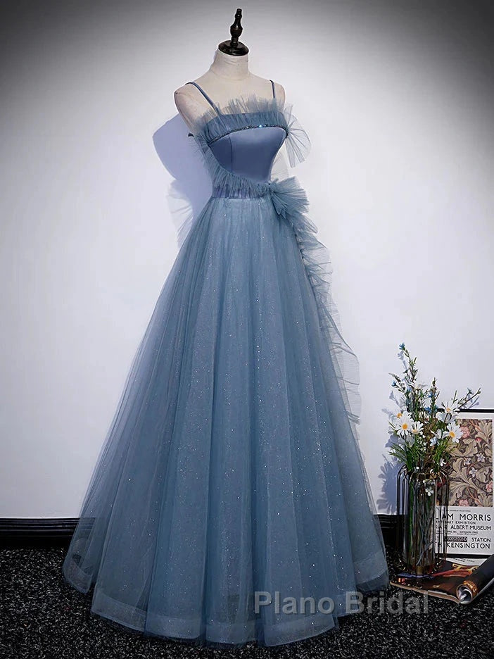 Gray Blue Tulle Long Formal Prom Dresses A Line Evening Dresses Formal Dresses December Wedding Guest Dresses