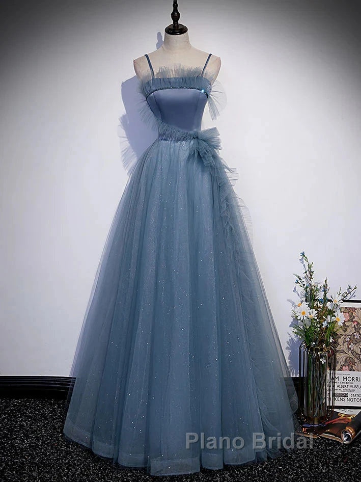 Gray Blue Tulle Long Formal Prom Dresses A Line Evening Dresses Formal Dresses December Wedding Guest Dresses
