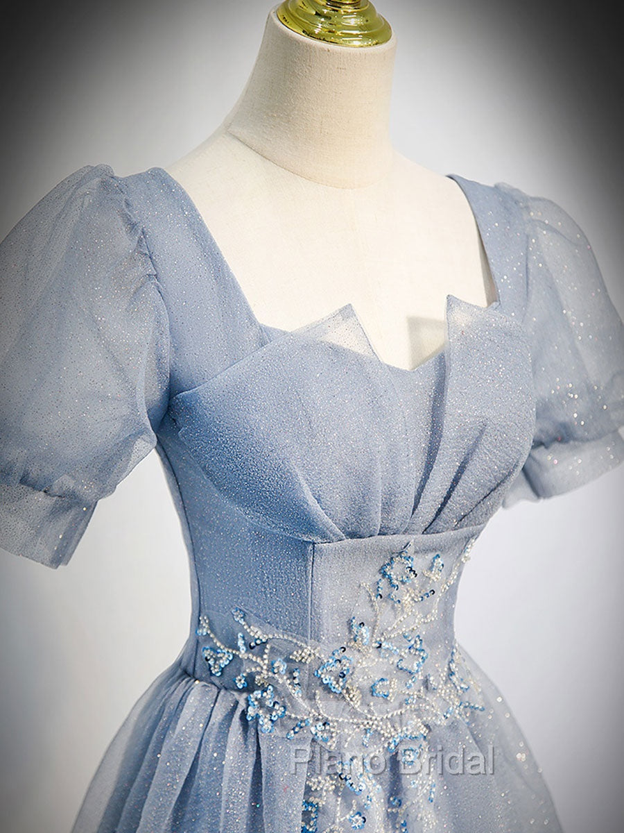 Gray Blue Tulle Long Formal Prom Dresses, Gray Blue Tulle Formal Evening Dresses