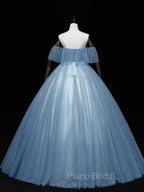 Gray Blue Tulle Off Shoulder Long Formal Prom Dresses, Blue Tulle Formal Dresses