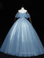 Gray Blue Tulle Off Shoulder Long Formal Prom Dresses, Blue Tulle Formal Dresses
