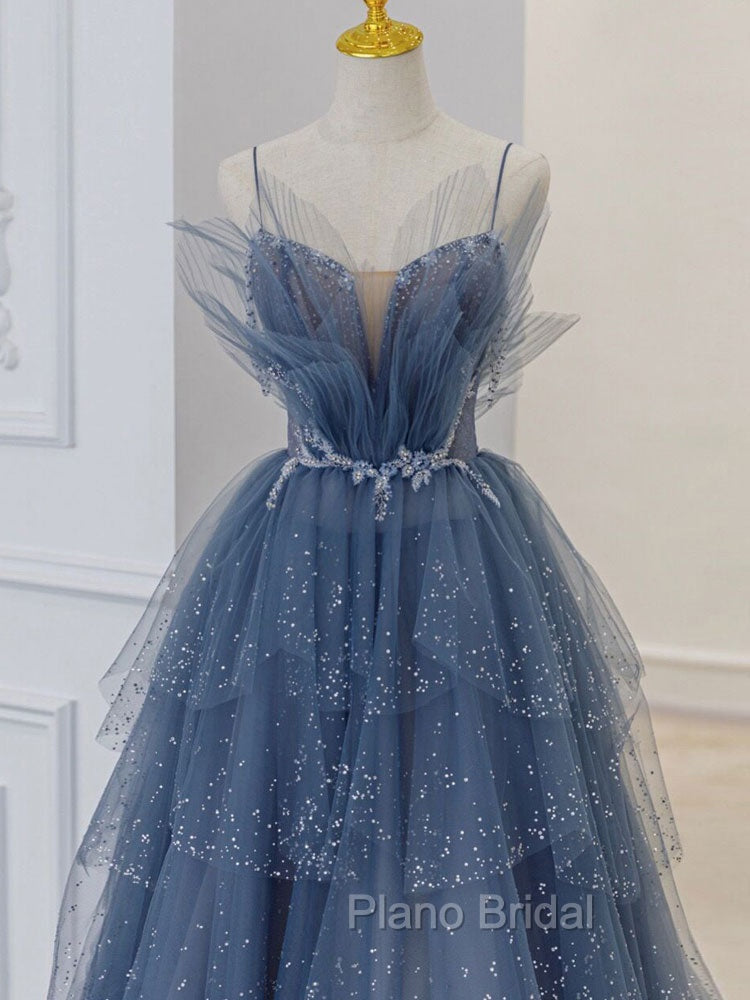Gray Blue Tulle Sequin Beads Long Formal Prom Dresses, Blue Evening Dresses
