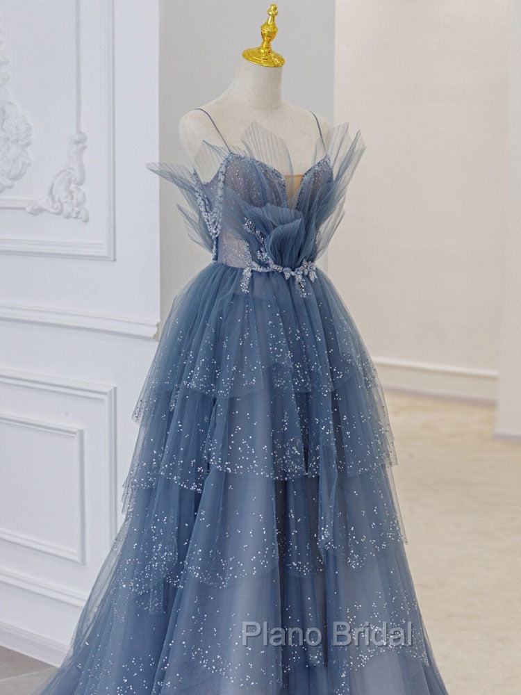 Gray Blue Tulle Sequin Beads Long Formal Prom Dresses, Blue Evening Dresses