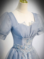 Gray Blue Tulle Sequin Long Formal Prom Dresses, Gray Blue Evening Dresses