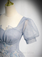 Gray Blue Tulle Sequin Long Formal Prom Dresses, Gray Blue Evening Dresses