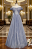 Gray Blue Tulle Sequins Off the Shoulder Beading Crystal Formal Prom Dresses