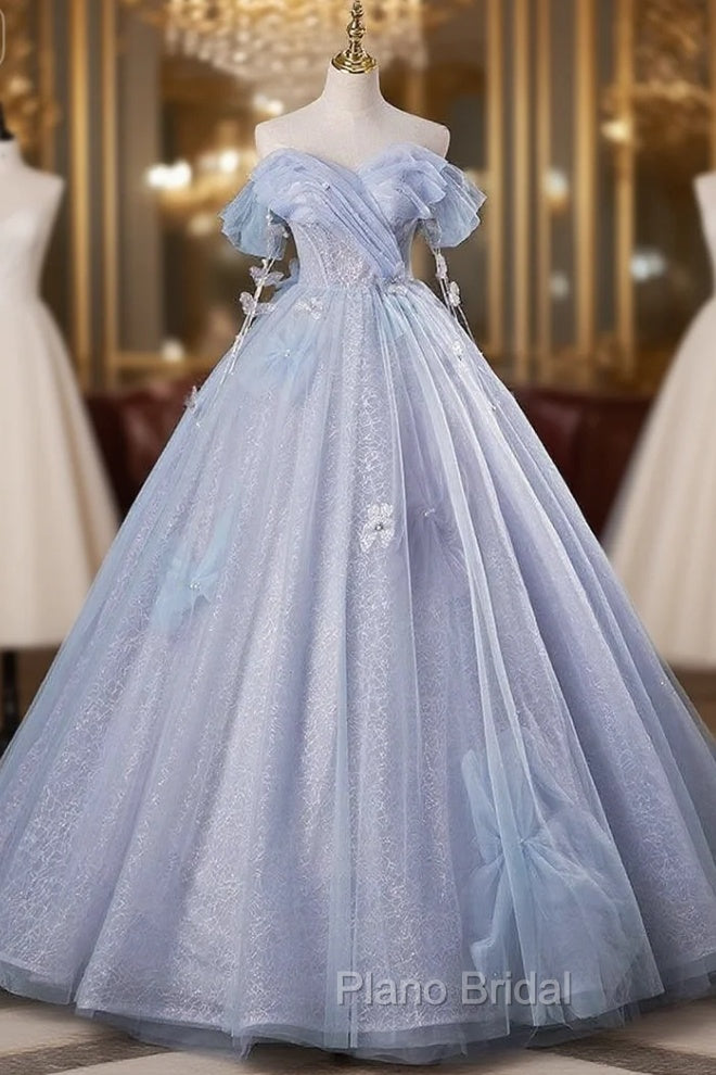 Gray Blue Tulle Sequins Off the Shoulder Quinceanera Dresses Main image