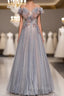 Gray Blue Tulle Sequins Pleats Beading Formal Prom Dresses