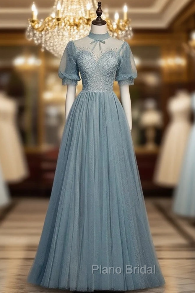 Gray Blue Tulle Short Sleeve High Neck Beading Formal Prom Dresses