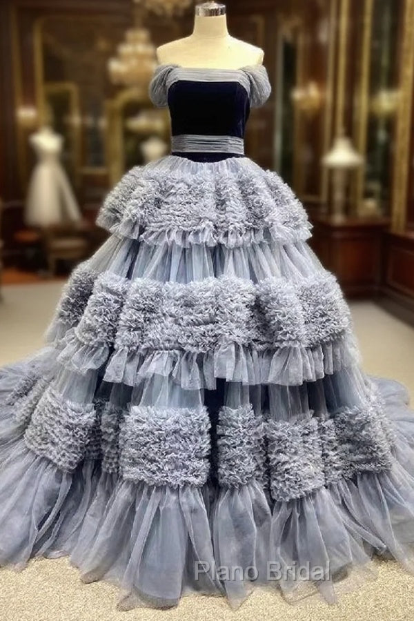 Gray Blue Tulle Straps Pleats Formal Prom Dresses