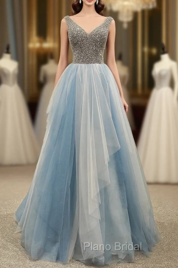 Gray Blue Tulle V-neck Backless Formal Prom Dresses With Beading Main image
