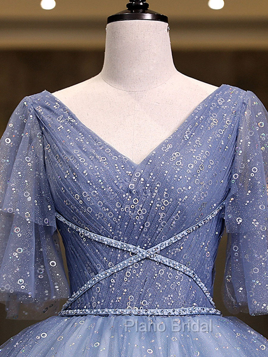 Gray Blue V Neck Tulle Long Formal Prom Dresses, Blue Long Sweet 16 Dresses