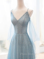 Gray Blue V Neck Tulle Sequin Long Formal Prom Dresses, Blue Evening Dresses
