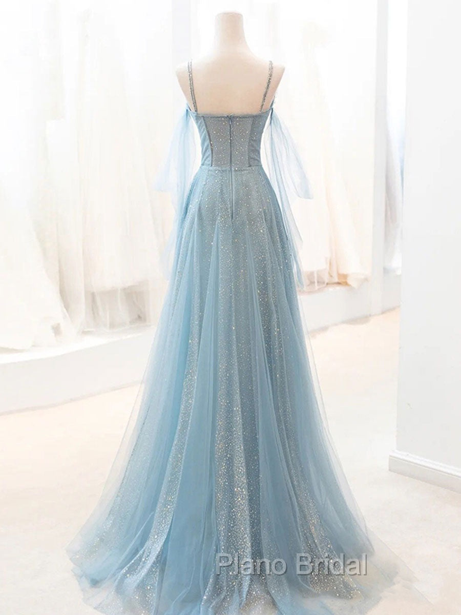 Gray Blue V Neck Tulle Sequin Long Formal Prom Dresses, Blue Evening Dresses Secondary image
