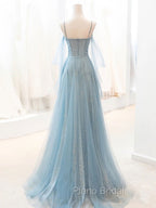 Gray Blue V Neck Tulle Sequin Long Formal Prom Dresses, Blue Evening Dresses