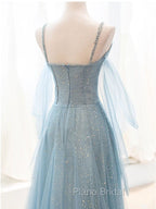 Gray Blue V Neck Tulle Sequin Long Formal Prom Dresses, Blue Evening Dresses