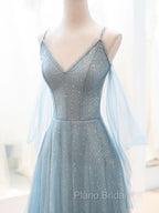 Gray Blue V Neck Tulle Sequin Long Formal Prom Dresses, Blue Evening Dresses