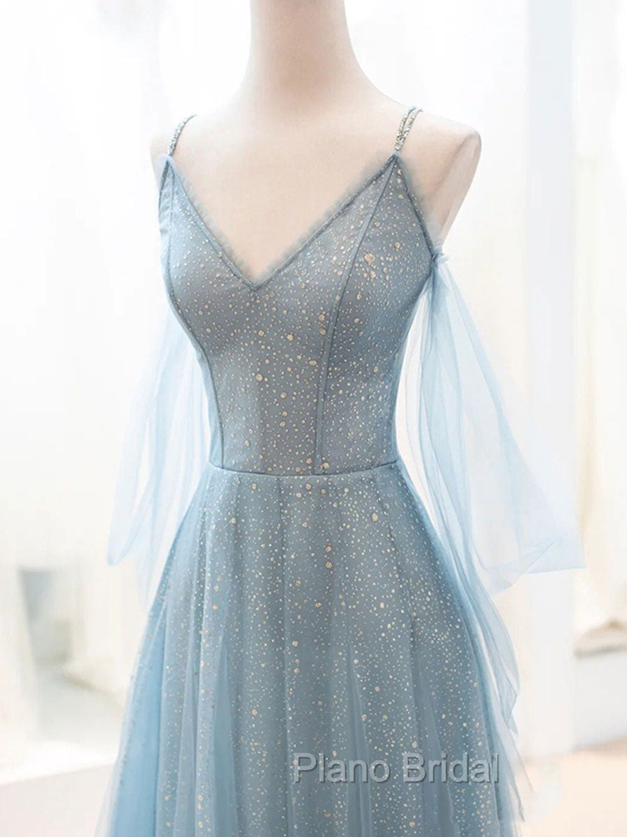 Gray Blue V Neck Tulle Sequin Long Formal Prom Dresses, Blue Evening Dresses