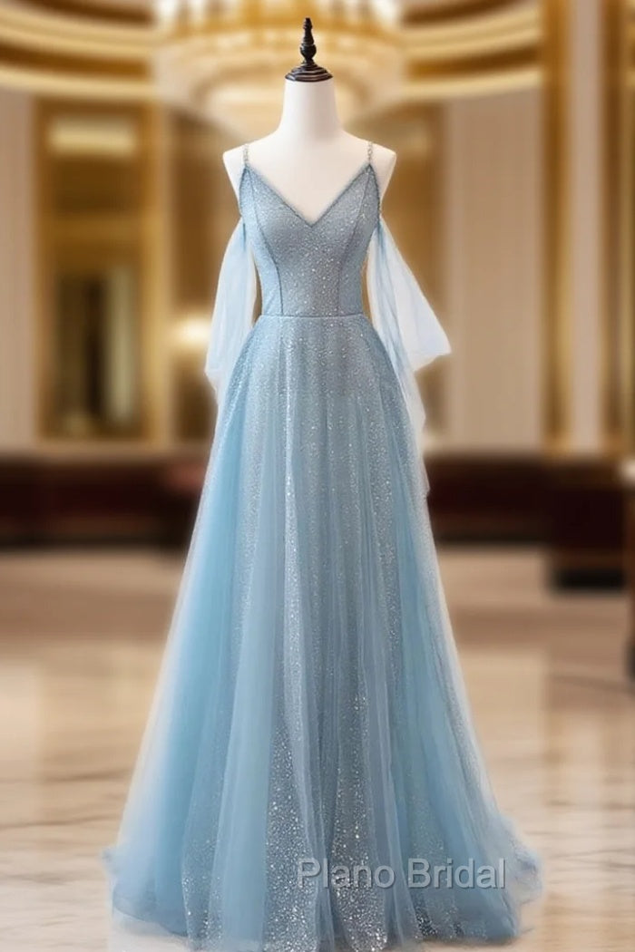 Gray Blue V Neck Tulle Sequin Long Formal Prom Dresses, Blue Evening Dresses Main image