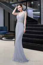 Deep V neck Backless Full of Bead Sequined Mermaid Long Prom Dresses