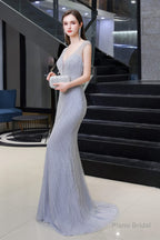 Deep V neck Backless Full of Bead Sequined Mermaid Long Prom Dresses