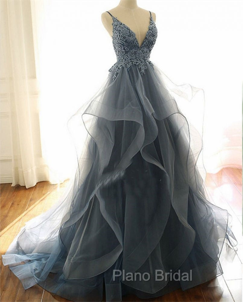 Gray Evening Dresses Tulle V-neck Ruffles Long Spaghetti Lace Beading Formal Prom Party Gowns
