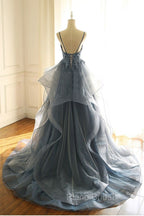 Gray Evening Dresses Tulle V-neck Ruffles Long Spaghetti Lace Beading Formal Prom Party Gowns