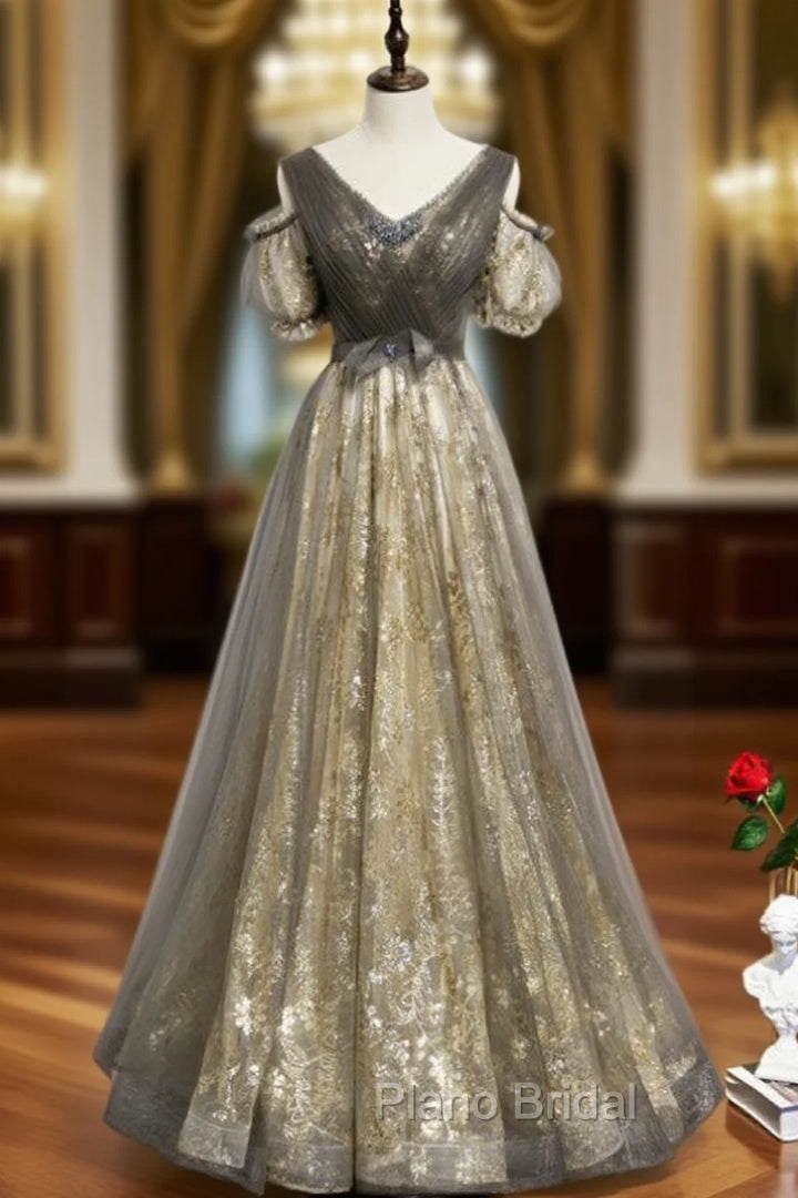 Gray Gold Tulle Sequins V-neck Short Sleeve Pleats Formal Prom Dresses Main image