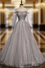 Gray Gray Long Sleeve Sequins Formal Prom Dresses