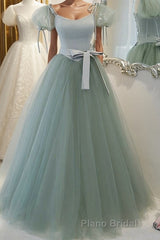 Gray Green A-Line Tulle Long Formal Prom Dress, Gray Green Formal Dress